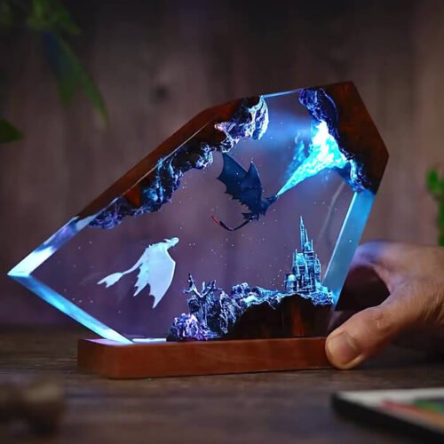 Toothless Dragon Resin Lamp (1) Black and white double dragon resin lamp